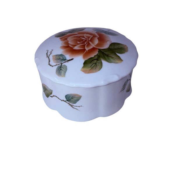Vtg Porcelain Trinket Box Hand Painted Roses Round Vanity Jewelry Dresser Dish - Picture 6 of 8